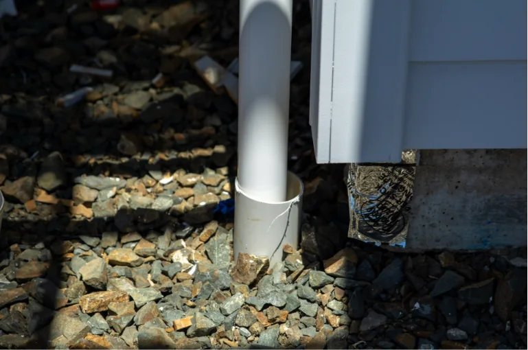 Downpipe outlet discharging near ground level beside the house.
