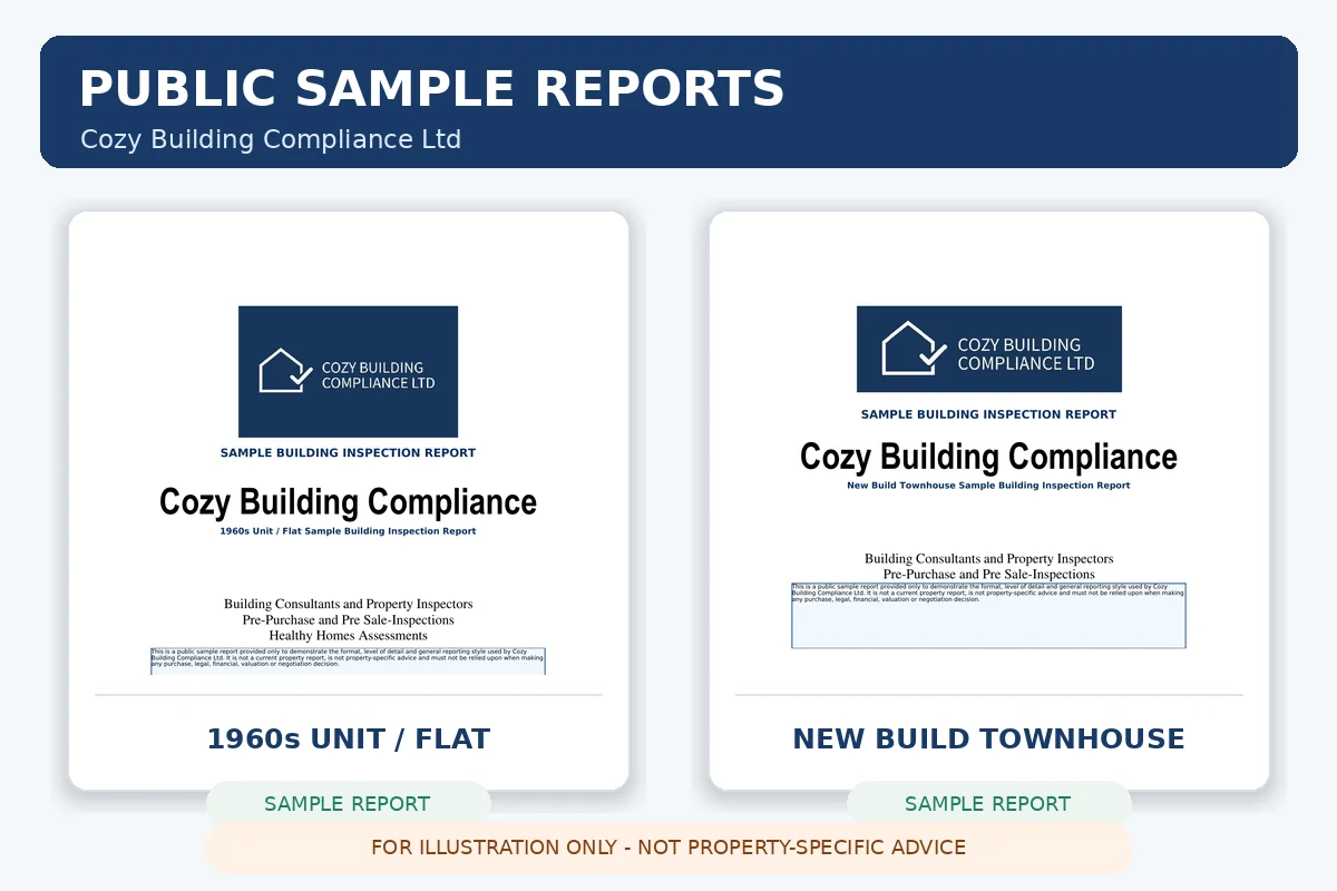 Preview of Cozy public sample building inspection reports for a 1960s unit and a new-build townhouse
